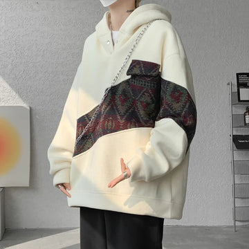 Korean Style Patchwork Men's Hoodie Contrast Color Pockets Casual Warm Male Fleece Sweatshirts  Autumn Winter